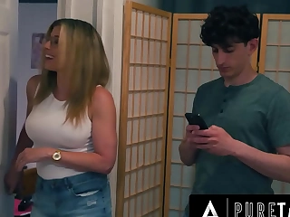 Cunning MILF Cory Chase blocks the door wean away from her stepson, as her husband seduces innocent Leana Lovings in a duplicitous threesome.