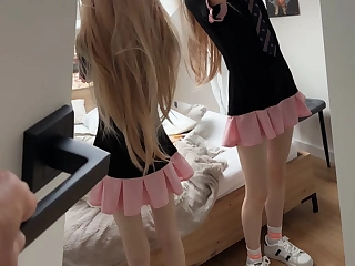 Petite schoolgirl in uniform rails a thick cock before class.